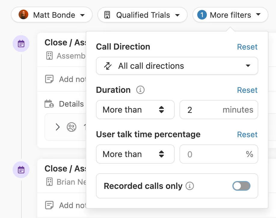 Filter menu showing call direction, duration, talk time percentage, and recorded calls toggle.