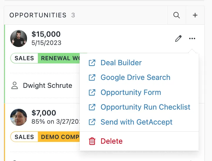 Dropdown menu showing Opportunity integration links like Deal Builder and Google Drive Search.