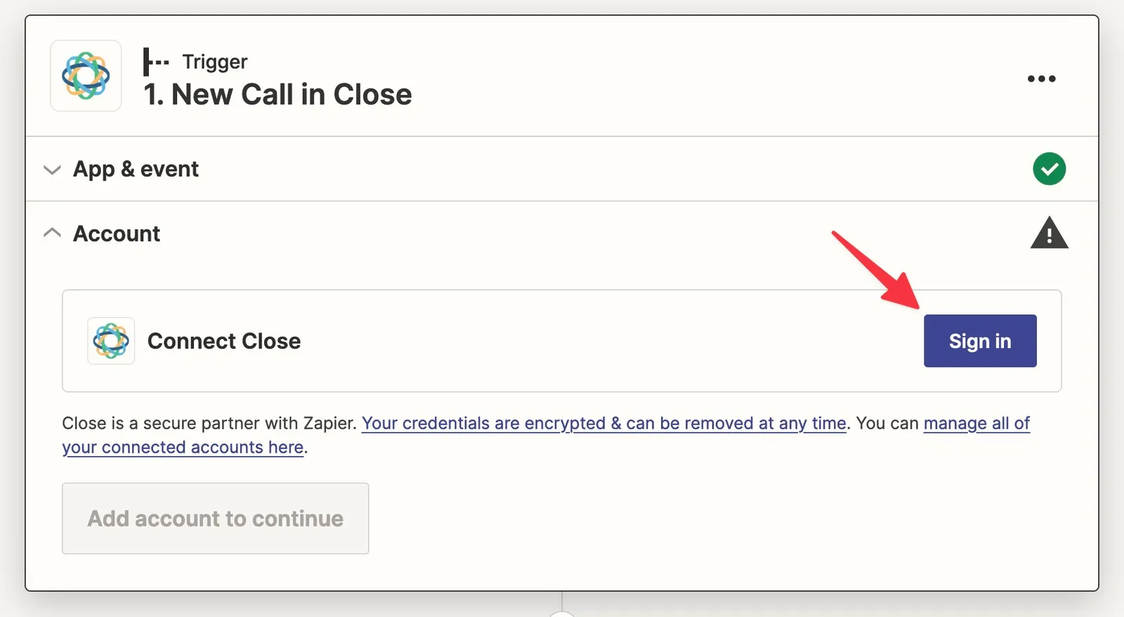 Zapier step showing Connect Close account with a Sign in button highlighted.