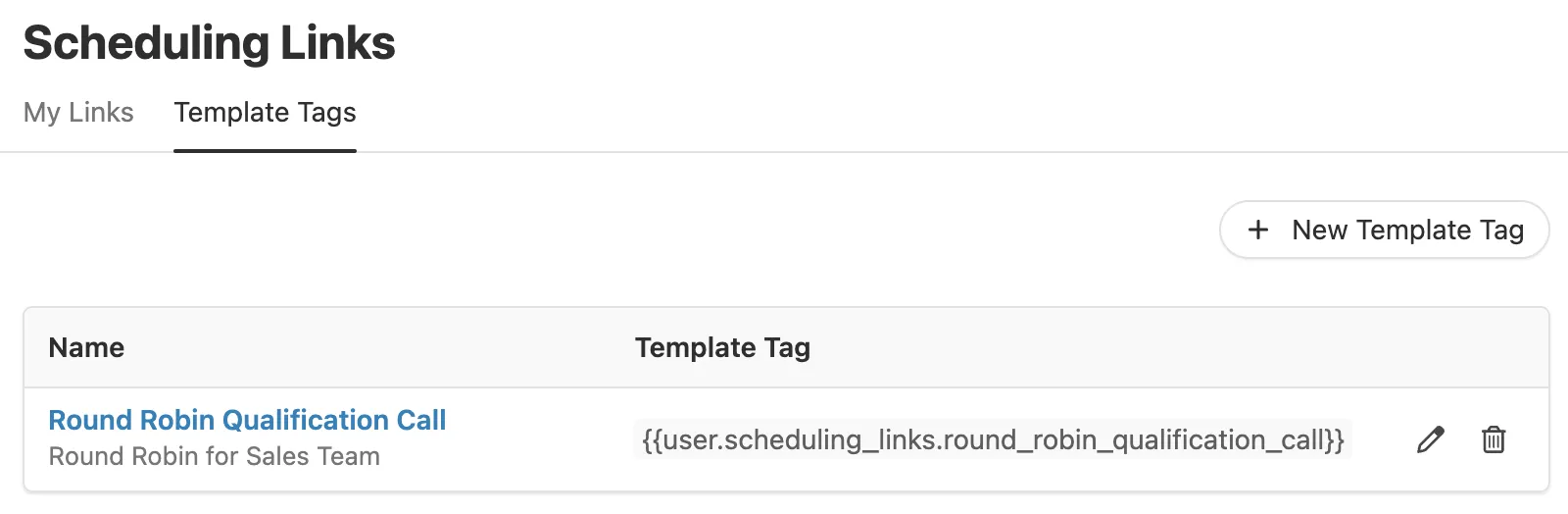Scheduling Links Template Tags tab showing a named tag and its Liquid template tag.