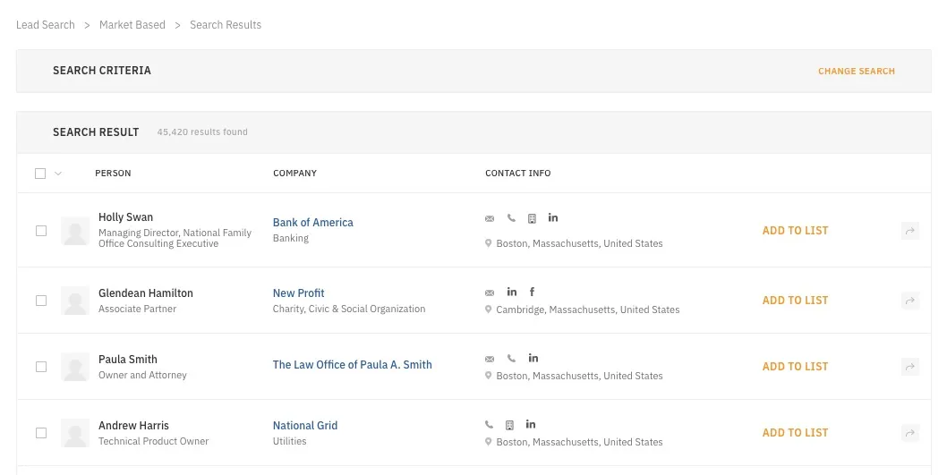 LeadFuze search results list showing prospects with company, contact icons, location, and Add to List buttons.