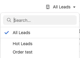 Dropdown menu showing Smart View search and list with All Leads selected.