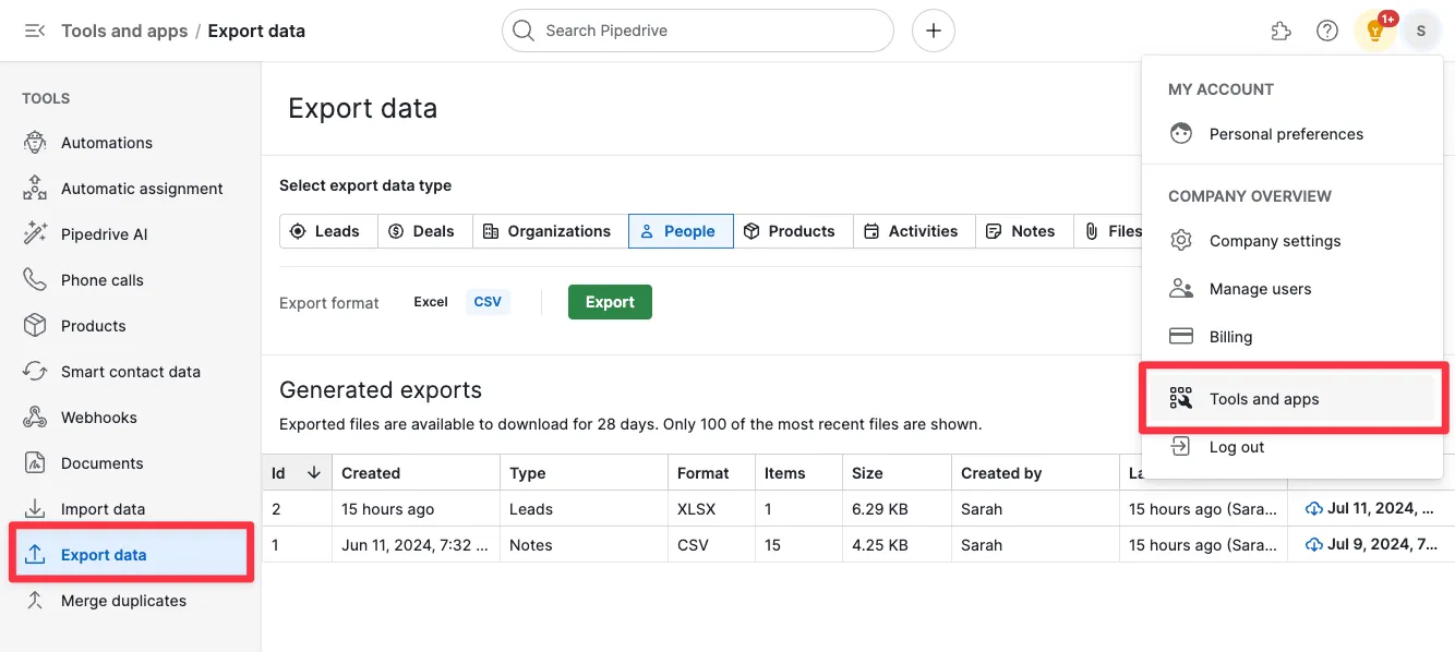 Pipedrive Export Data screen showing export type tabs, CSV/Excel option, Export button, and generated exports list.
