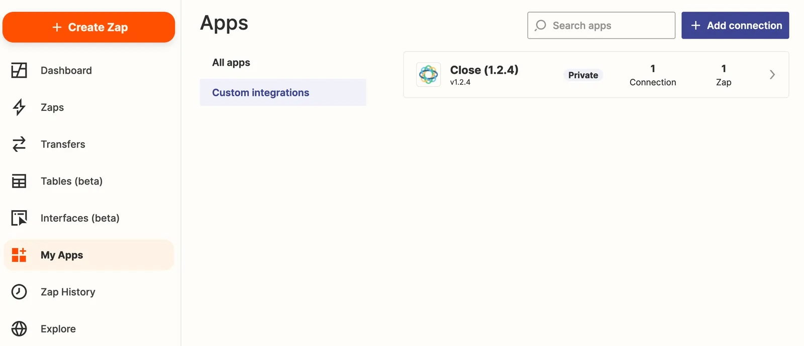 Zapier My Apps page showing a custom integration entry for Close (1.2.4) under Custom integrations.
