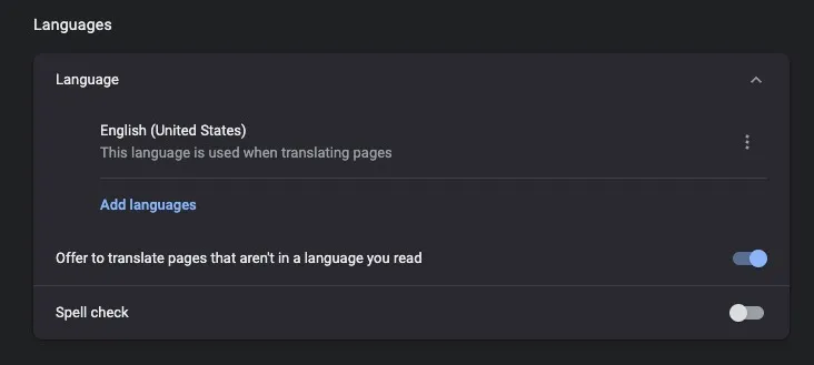 Chrome Languages settings panel showing English (United States) selected and translation toggle.