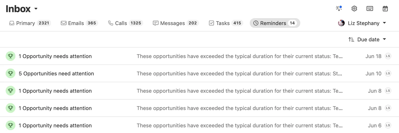 Inbox list showing multiple 'Opportunity needs attention' reminders with dates and brief descriptions.
