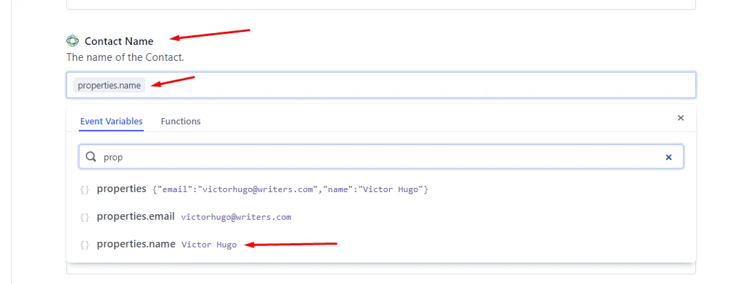 Segment UI showing Contact Name mapped to properties.name with event variable suggestions.