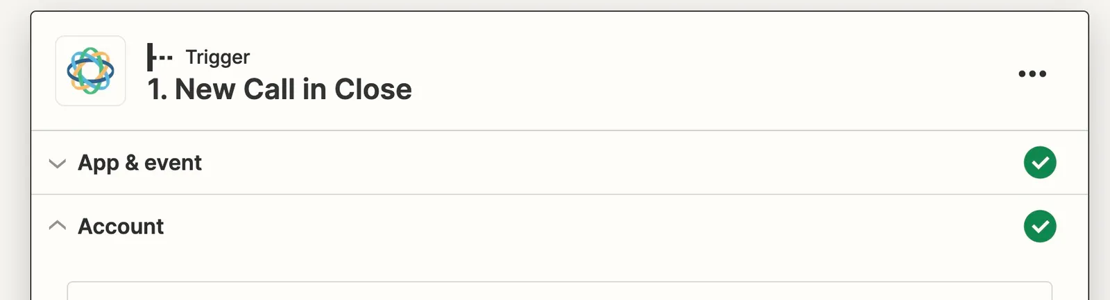Zapier step titled 'New Call in Close' showing App & event and Account sections with checkmarks.