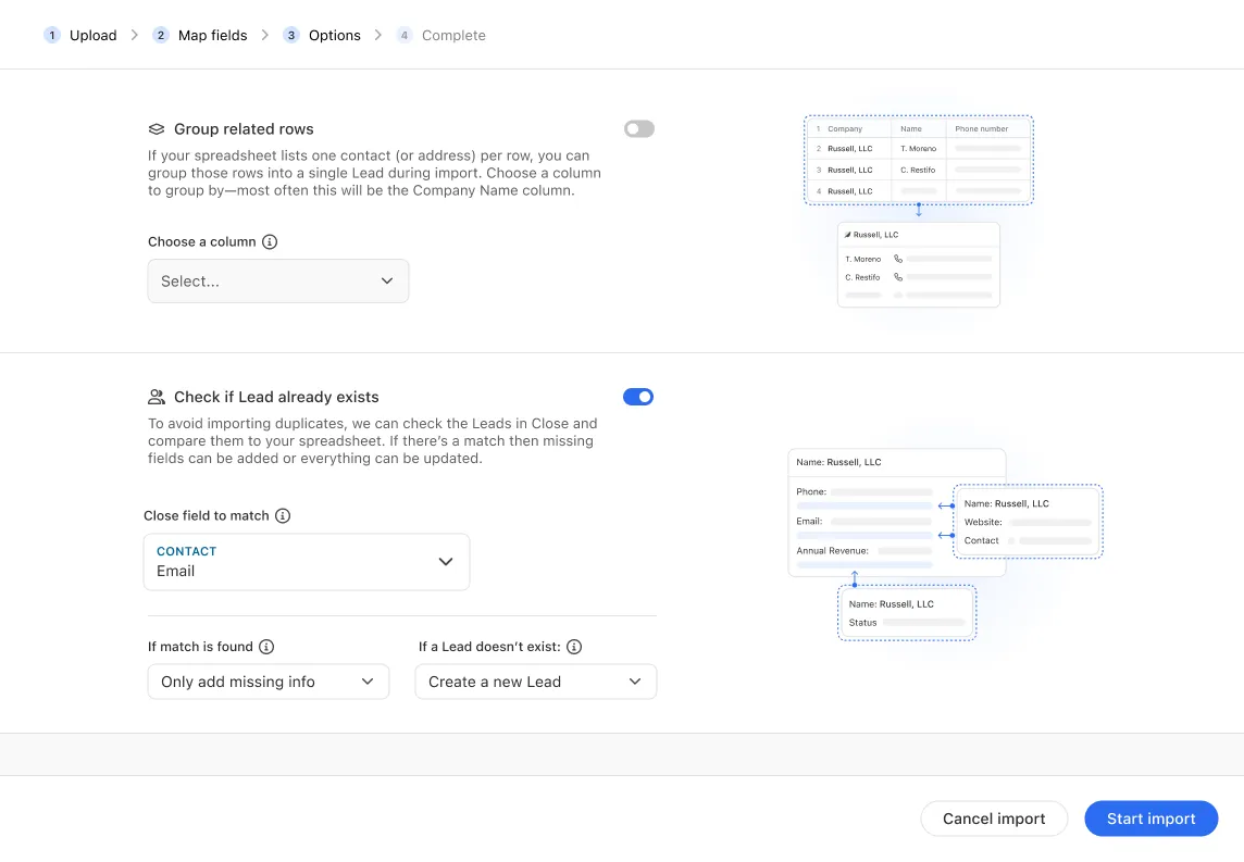 Lead Importer options page showing grouping, match check, comparison field, and import action buttons.