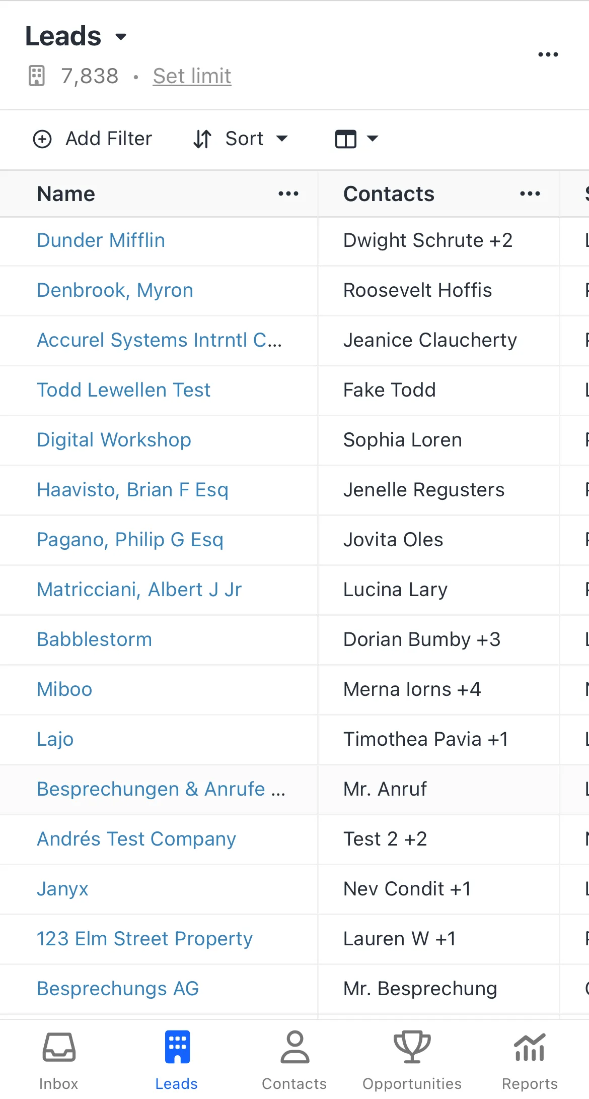 Close mobile app leads table showing lead names, contacts, and bottom navigation bar.