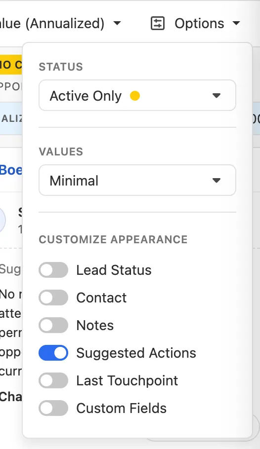 Dropdown menu showing status, values, and appearance toggle options for opportunities.