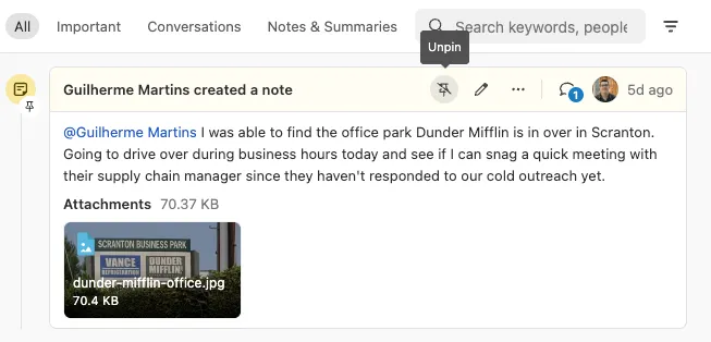 Lead activity note showing mention, text, attachment, and pin/unpin controls.