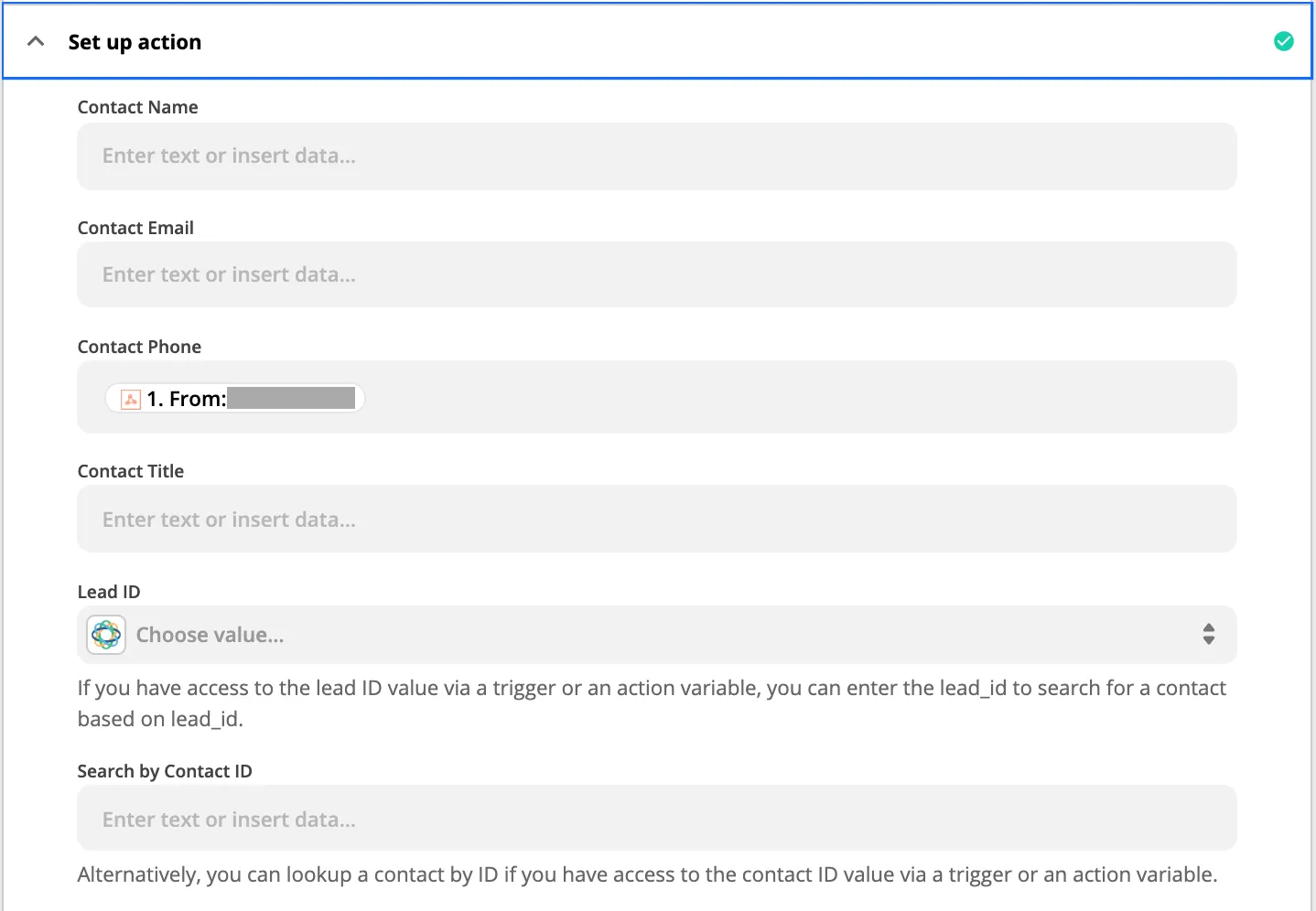 Zapier 'Set up action' form showing Contact Phone populated with 'From' field and other empty contact fields.