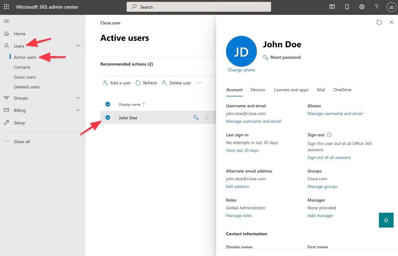 Microsoft 365 Admin Center showing Active users list with a selected user details pane open.