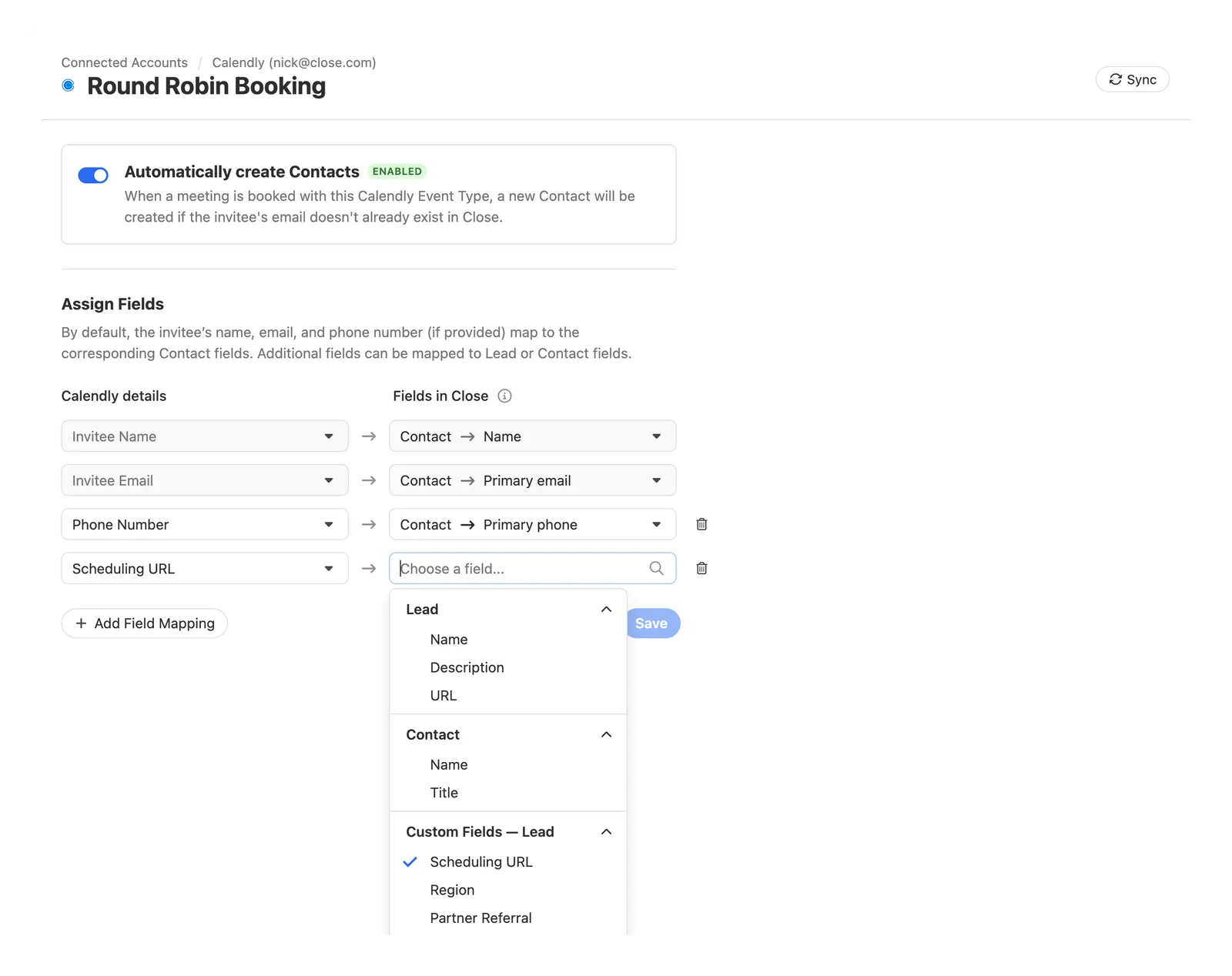 Close settings page showing Calendly event type mapping with Create Contacts toggle and field mapping dropdowns.