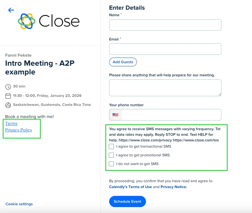 Calendly booking form showing SMS consent checkboxes and privacy links.