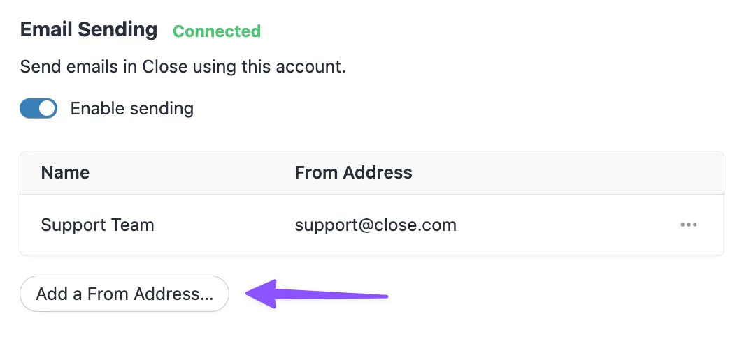Email sending settings showing enabled toggle, a from address list, and an Add a From Address button.