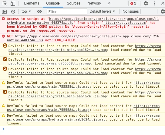 Web browser developer console showing multiple CORS and source map load errors.