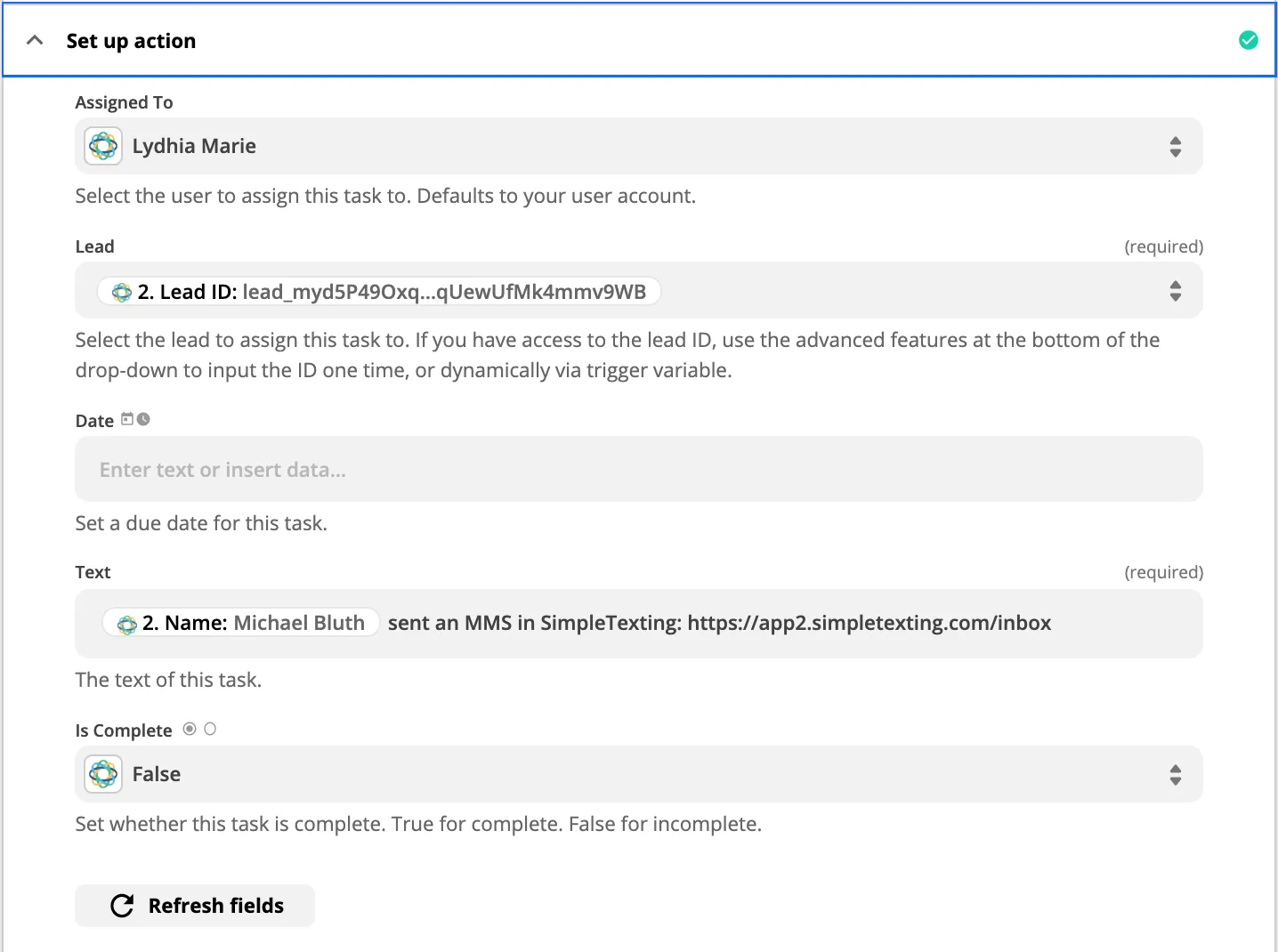 Zapier 'Set up action' screen showing Assigned To, Lead, Date, Text, and Is Complete fields.