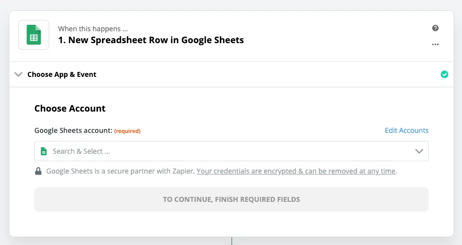 Zapier setup screen showing 'New Spreadsheet Row in Google Sheets' and account selection dropdown.