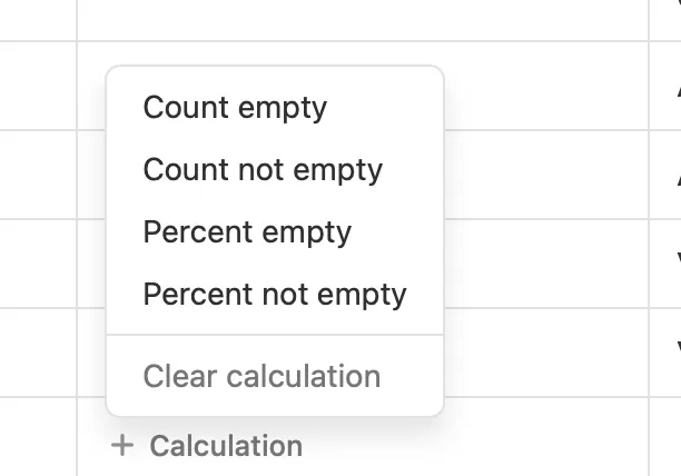 Dropdown menu showing Count empty, Count not empty, Percent empty, Percent not empty, and Clear calculation options.