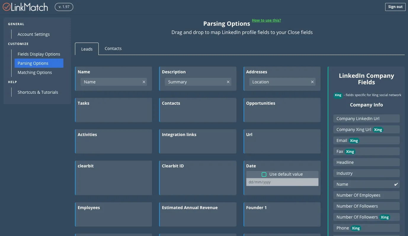 LinkMatch parsing options screen showing draggable LinkedIn-to-Close field mappings.