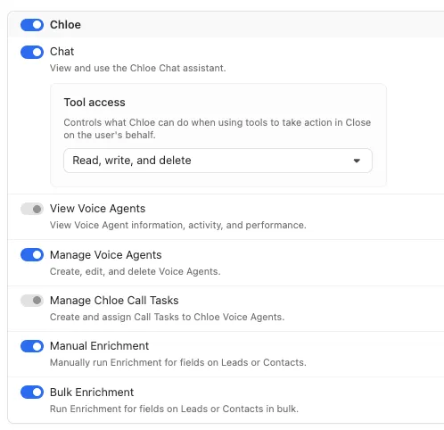 Settings panel showing Chloe chat and enrichment toggles including manual and bulk enrichment.