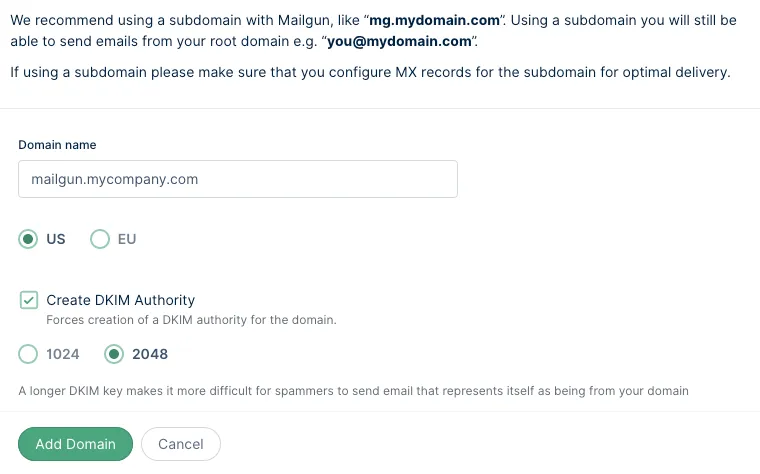 Mailgun Add Domain form with subdomain, DKIM authority checkbox, 2048 selected, and Add Domain button.