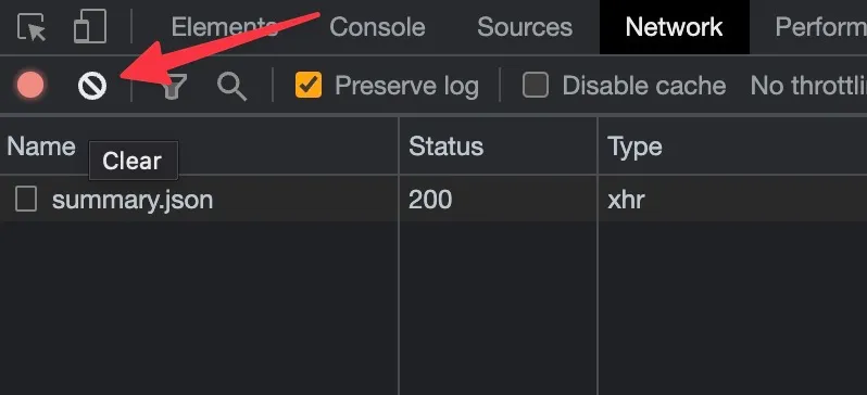Browser developer tools Network tab showing recording, preserve log, and clear controls with a listed request.