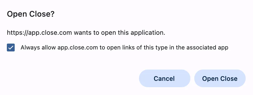 Browser dialog asking to open Close with checkbox to always allow and Cancel and Open Close buttons.