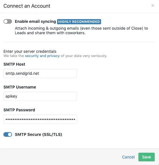 Dialog showing SMTP settings for connecting a SendGrid account with host smtp.sendgrid.net and API key username.