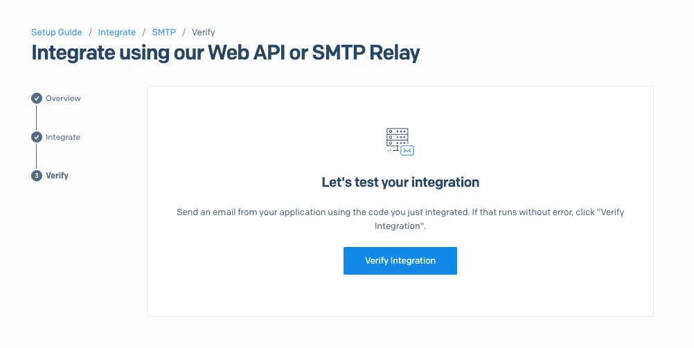 SendGrid integration verification screen prompting to test integration and a Verify Integration button.
