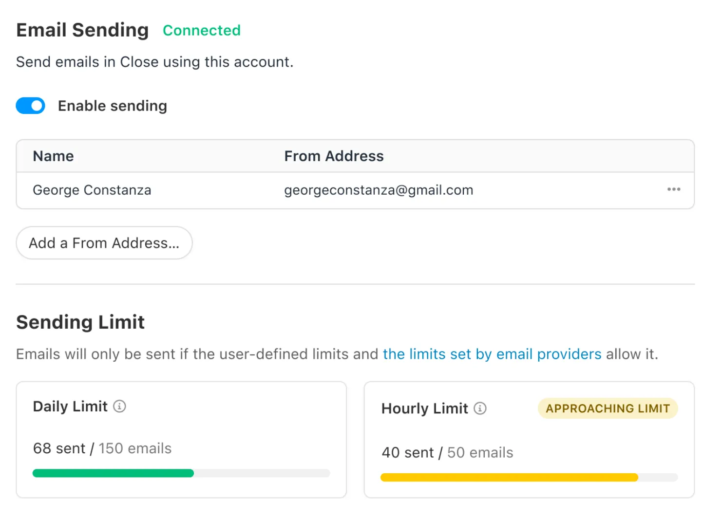 Settings panel showing enabled email sending with daily and hourly sending limit progress bars.