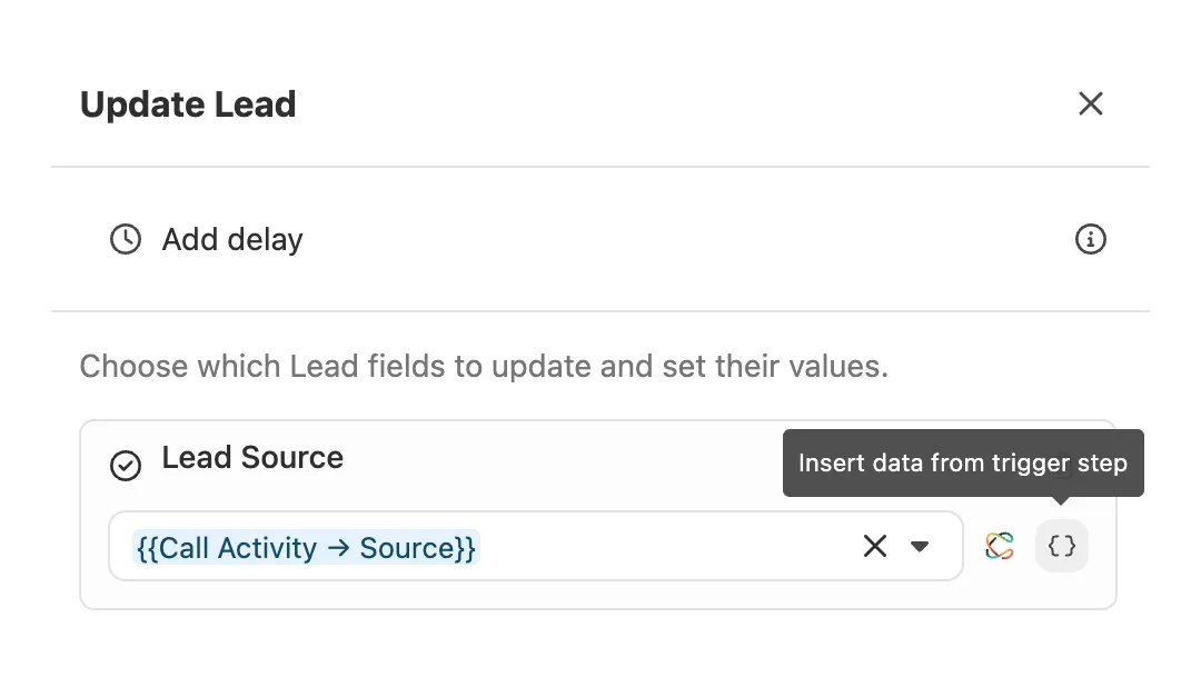 Update Lead step editor showing Lead Source field with artifact inserted