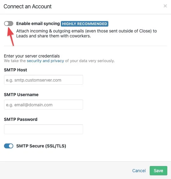 Connect an account dialog showing Disable 'Enable email syncing' toggle and SMTP credential fields.