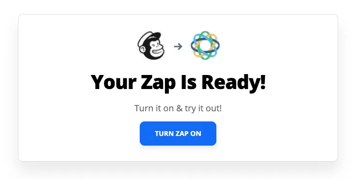 Zapier confirmation card showing Mailchimp to Close with Turn Zap On button.