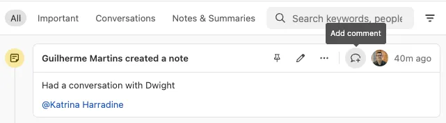 Lead activity panel showing a created note with mention, icons, and timestamp.