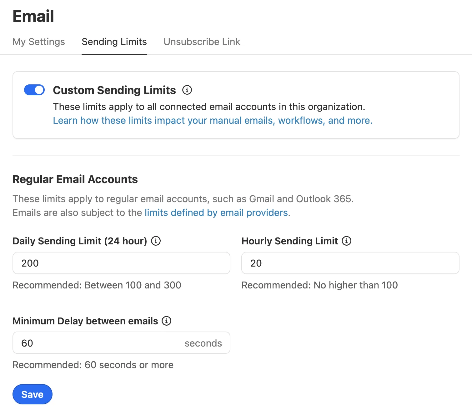 Settings page showing custom sending limits with daily, hourly, and minimum delay fields.