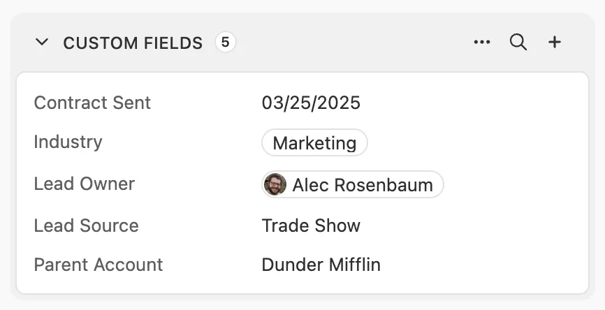Panel showing custom fields like Contract Sent date, Industry tag, Lead Owner badge, Lead Source, and Parent Account.