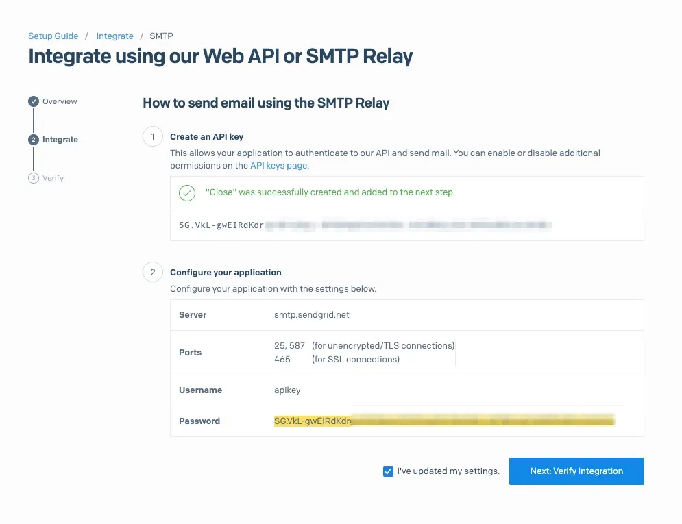 SendGrid integration page showing SMTP server, ports, username, and API key password fields.