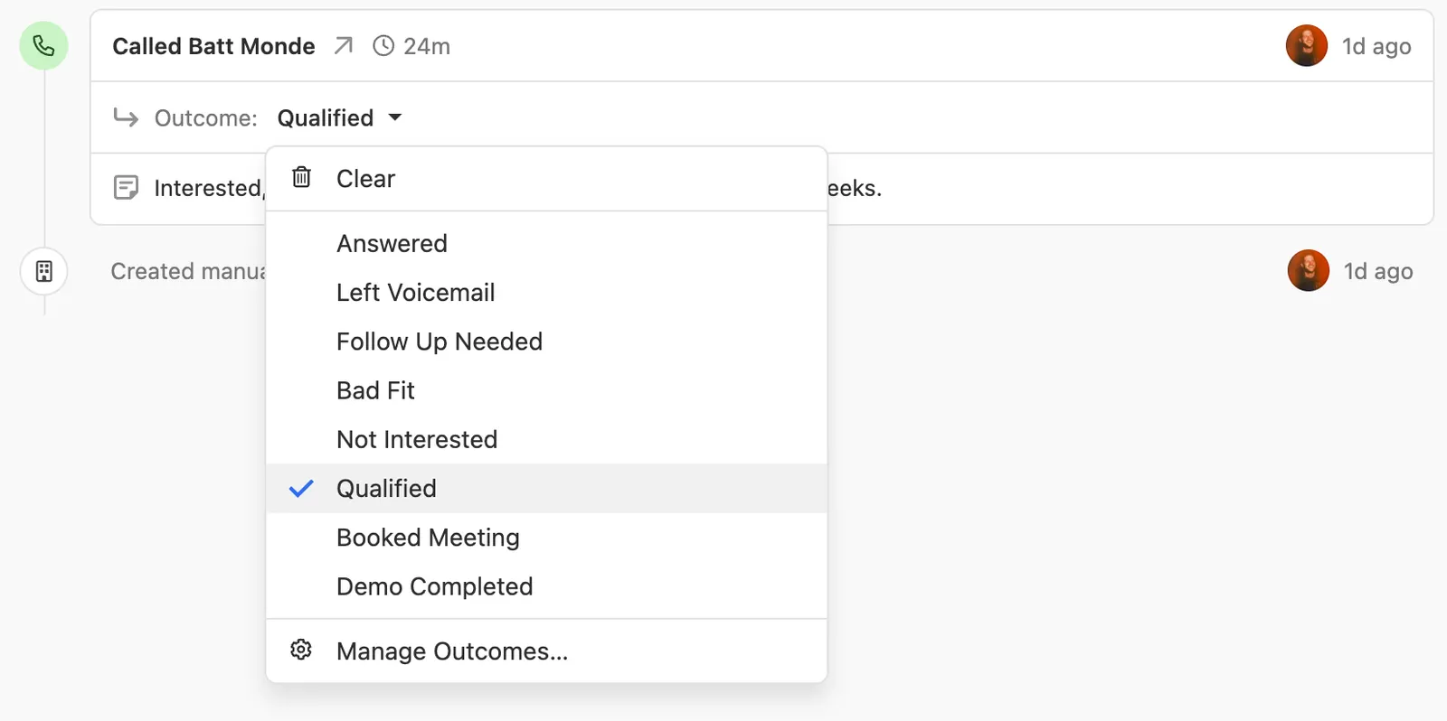 Dropdown menu showing call outcome options with Qualified selected and Manage Outcomes link.