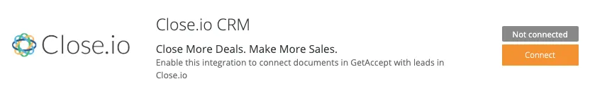 Close.io CRM integration panel showing Connect button and Not connected status.