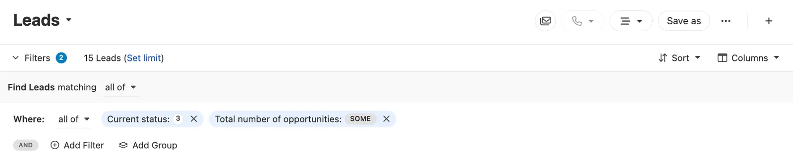 Leads page showing active filter chips and options to add filters and save the view.