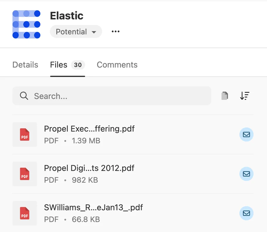 Lead page showing Files tab with searchable list of PDF attachments and file sizes.