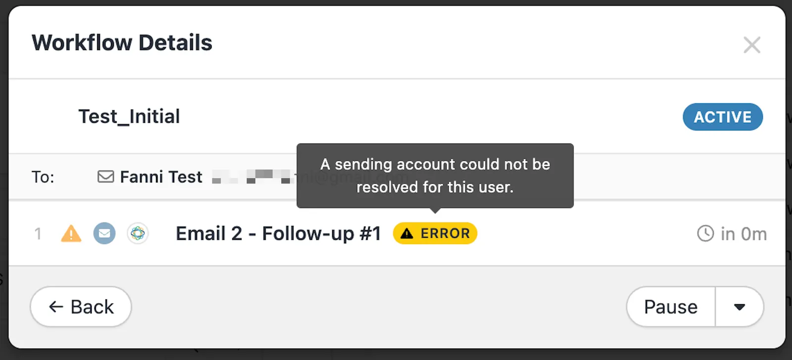 Modal showing workflow details with an email follow-up marked error and tooltip saying sending account could not be resolved.