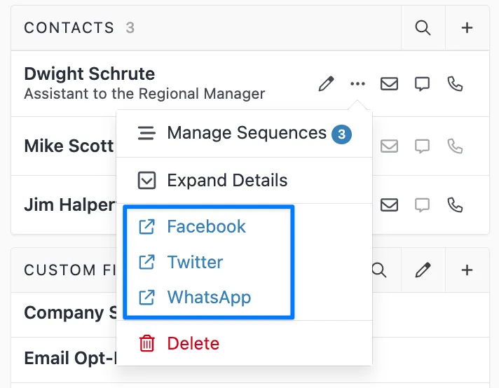 Dropdown menu on a contact showing Integration Links for Facebook, Twitter, and WhatsApp.