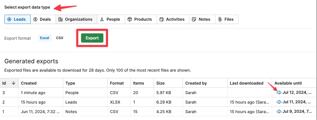 Pipedrive export page showing data type buttons, Excel/CSV options, Export button, and generated exports list with download icons.