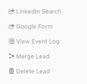 Sidebar menu showing LinkedIn Search, Google Form, View Event Log, Merge Lead, and Delete Lead actions.