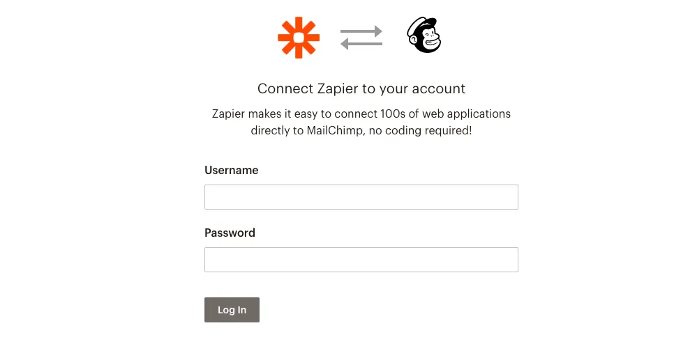 Zapier to Mailchimp connection page with username and password fields and a Log In button.