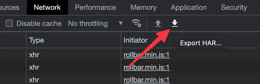 Browser developer tools Network tab showing the Export HAR button highlighted with a red arrow.